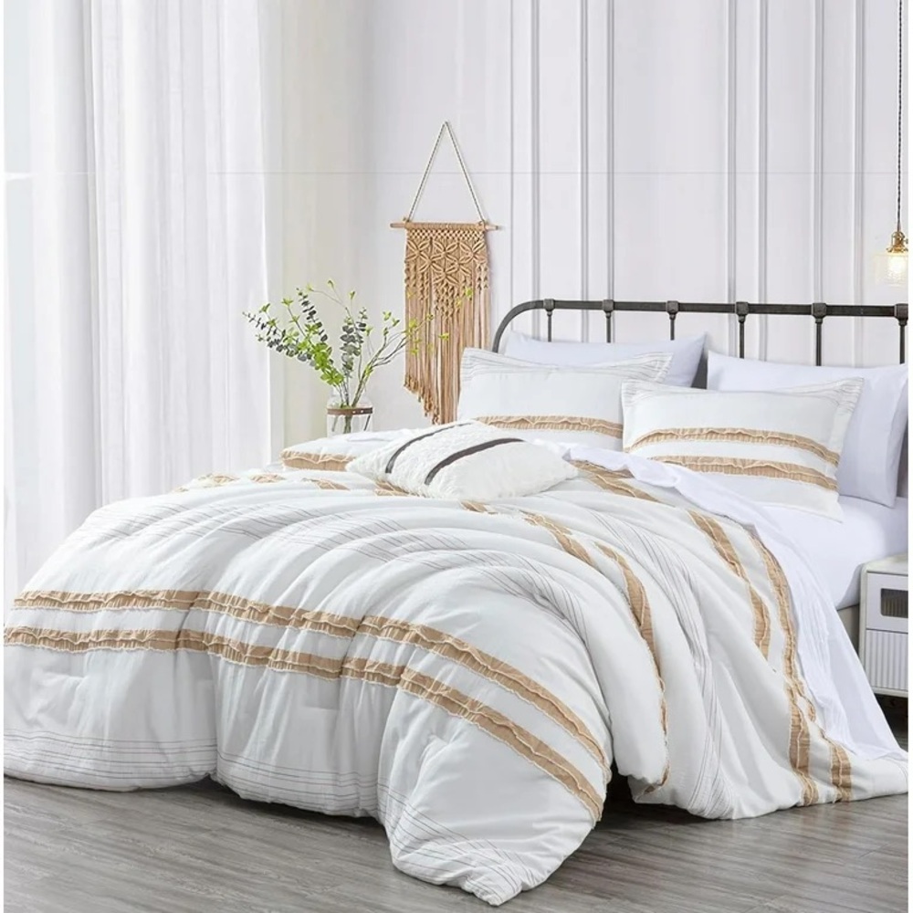 White Comforter with Tan Stripe Detailing - Elegant Layered Comfort - Picture 2 of 5
